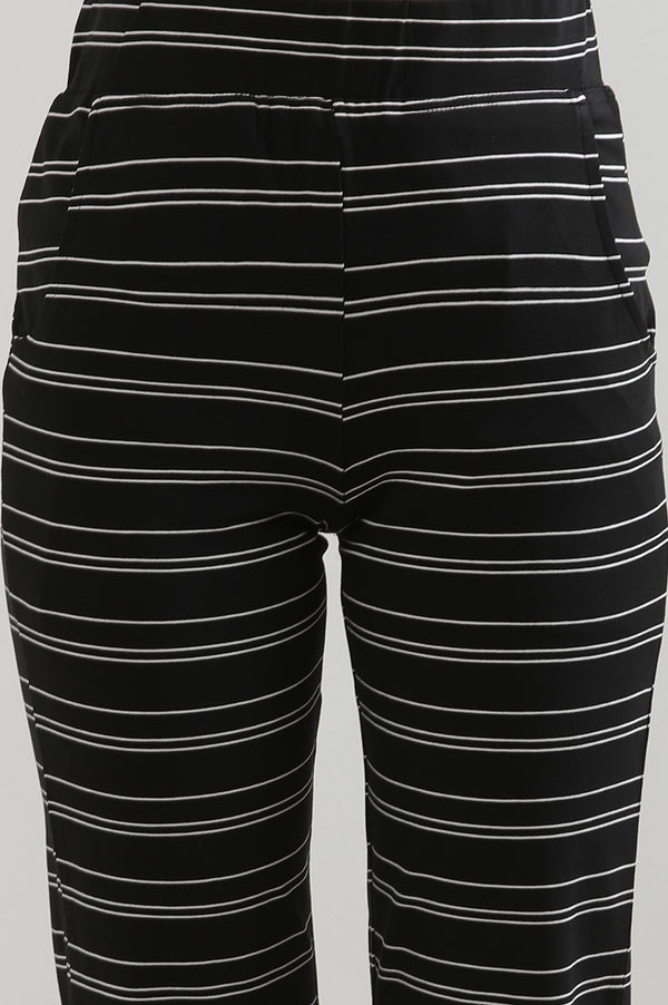 Black Striped Straight Fit Cotton Pants With Slip On Closure