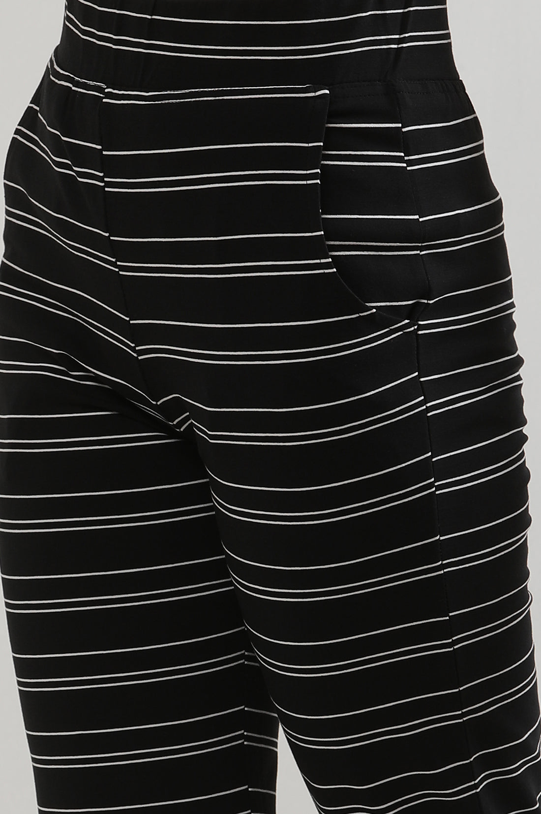 Black Striped Straight Fit Cotton Pants With Slip On Closure