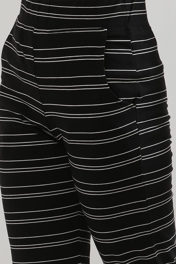 Black Striped Straight Fit Cotton Pants With Slip On Closure
