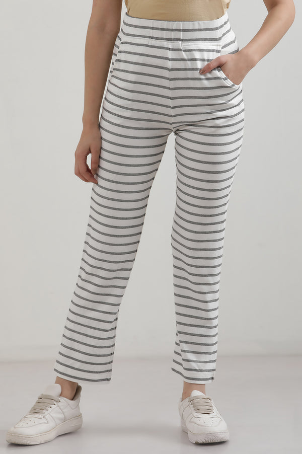 White Striped Straight Fit Cotton Pants With Slip On Closure
