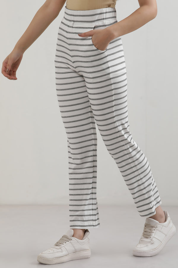 White Striped Straight Fit Cotton Pants With Slip On Closure