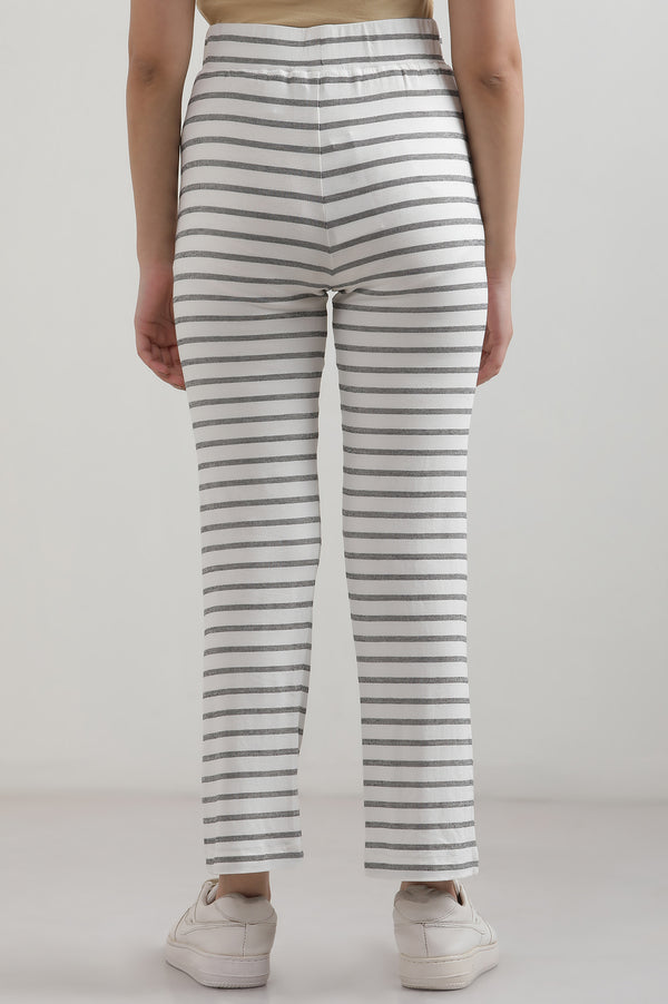 White Striped Straight Fit Cotton Pants With Slip On Closure