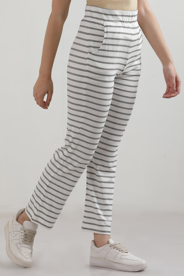 White Striped Straight Fit Cotton Pants With Slip On Closure
