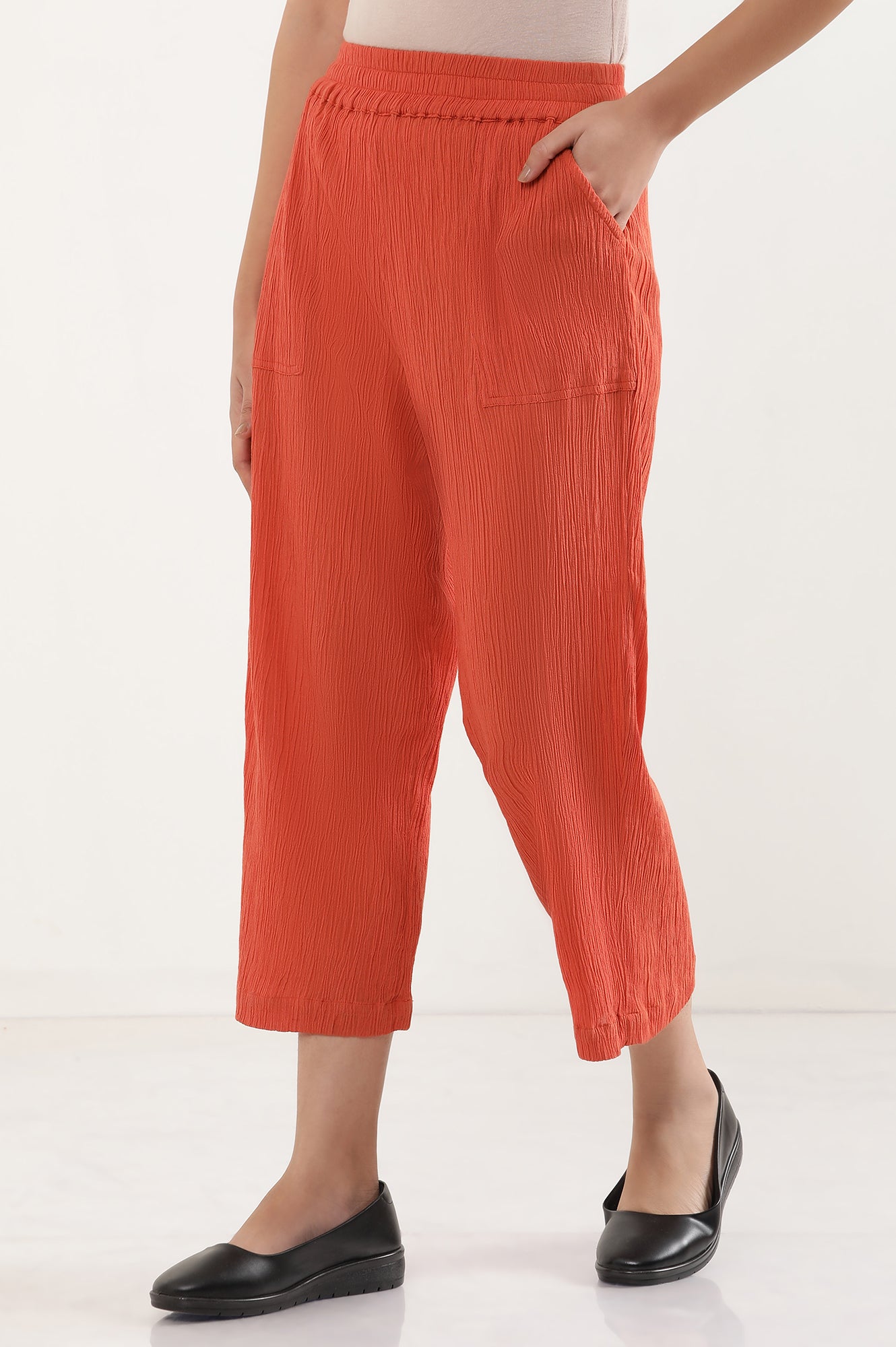 Rust Orange Cropped Crinkle Culottes