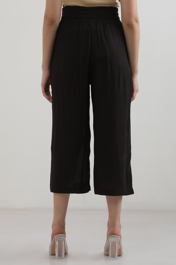 Black Solid Flared Rayon Culottes With Elasticated Waist