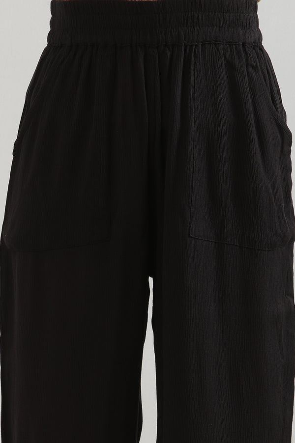 Black Solid Flared Rayon Culottes With Elasticated Waist