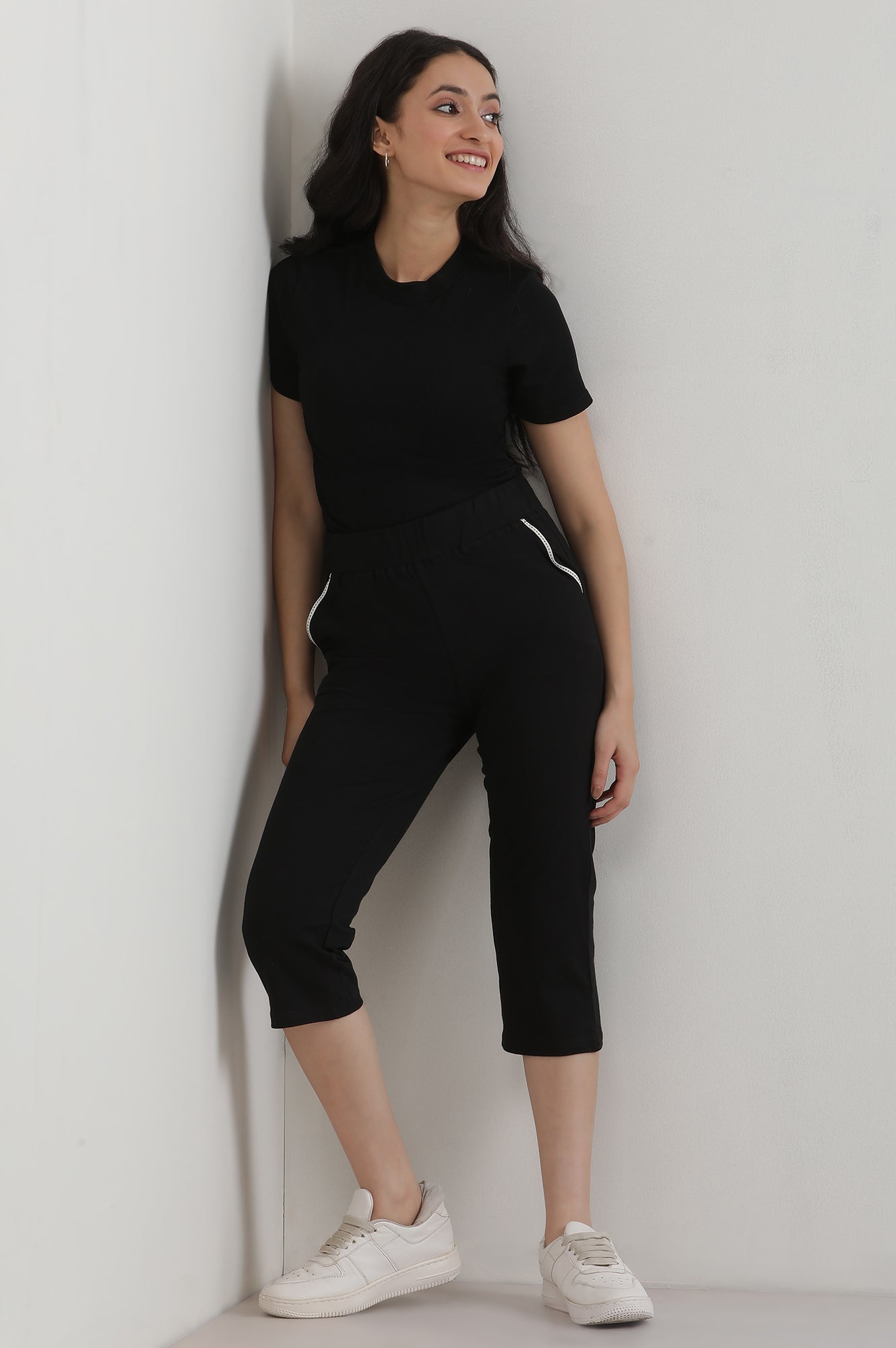 Black Solid Cotton Blend Straight Palazzos &amp; Culottes