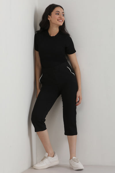 Black Solid Cotton Blend Straight Culottes