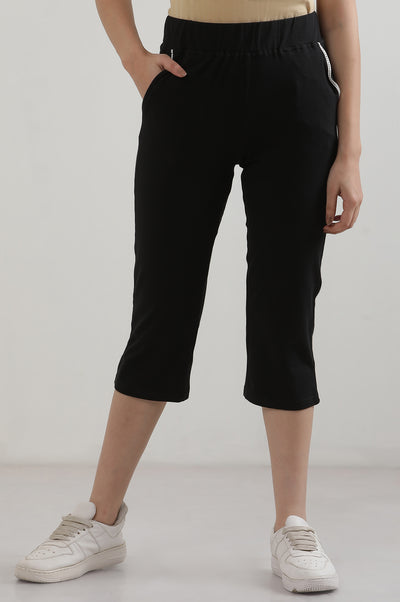 Black Solid Cotton Blend Straight Culottes