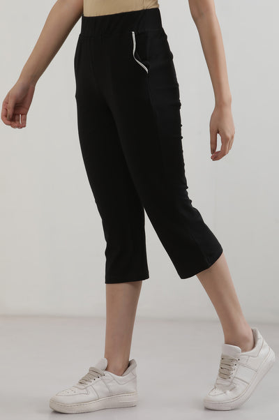 Black Solid Cotton Blend Straight Culottes