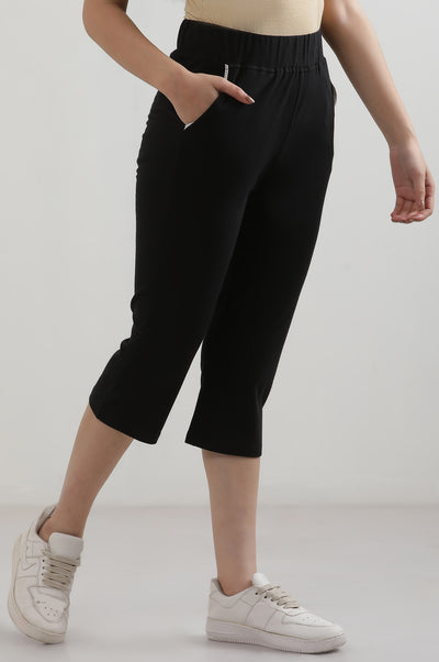 Black Solid Cotton Blend Straight Culottes