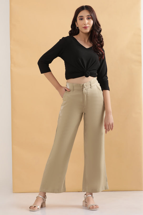 Elleven Women's Gold Solid Straight Fit Woven Pants With Elasticated Back