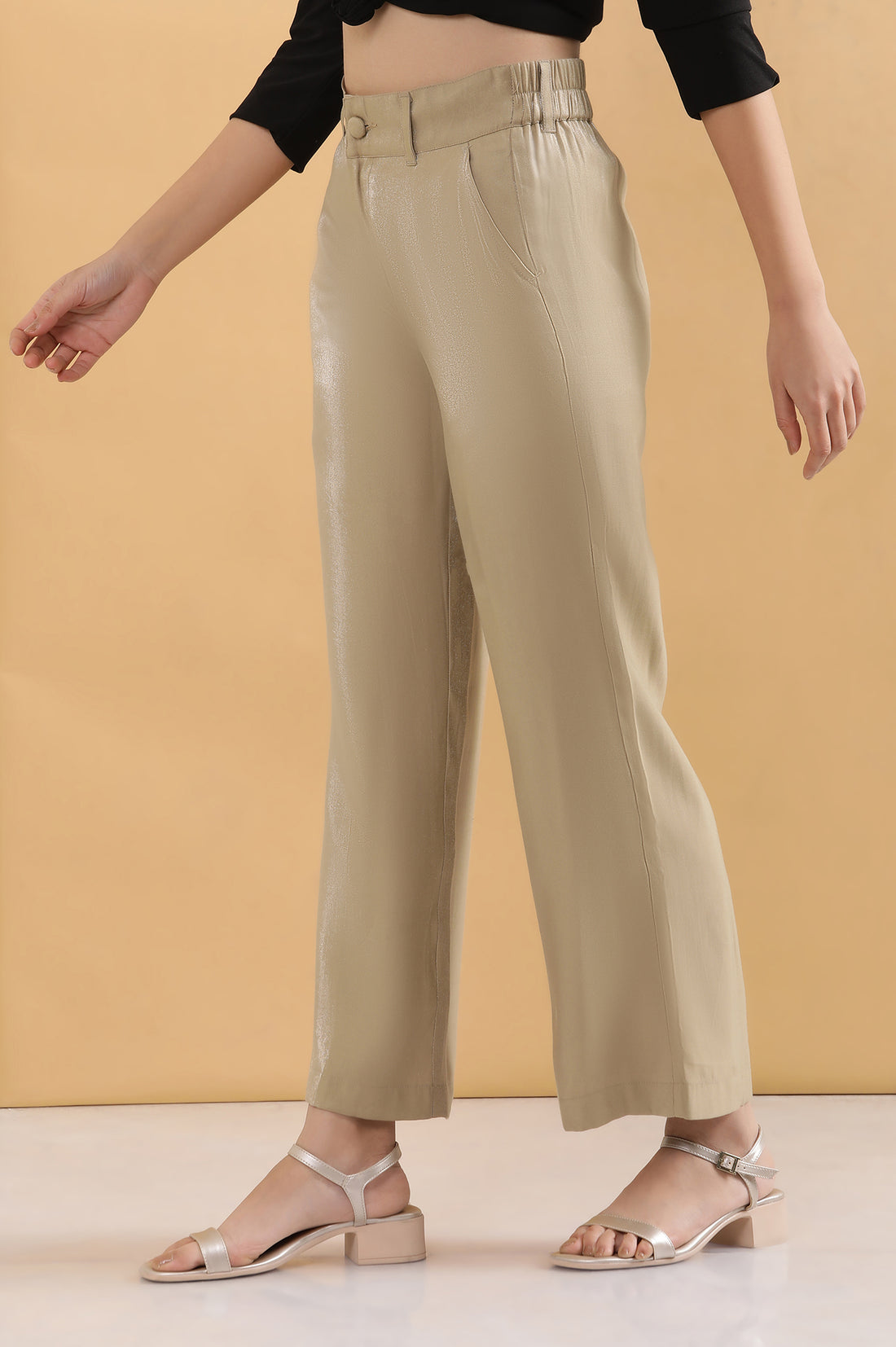 Gold Solid Straight Fit Woven Pants With Elasticated Back