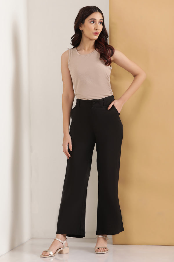 Elleven Women's Black Solid Straight Fit Rayon Pants With Button And Zip Closure