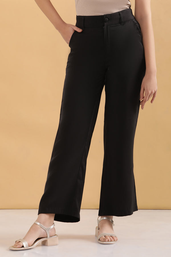 Elleven Women's Black Solid Straight Fit Rayon Pants With Button And Zip Closure