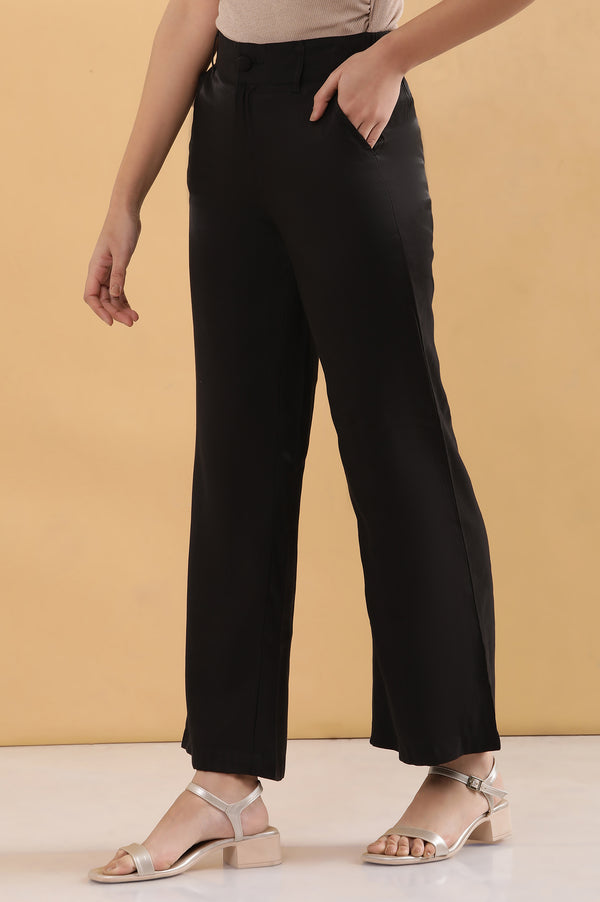 Elleven Women's Black Solid Straight Fit Rayon Pants With Button And Zip Closure