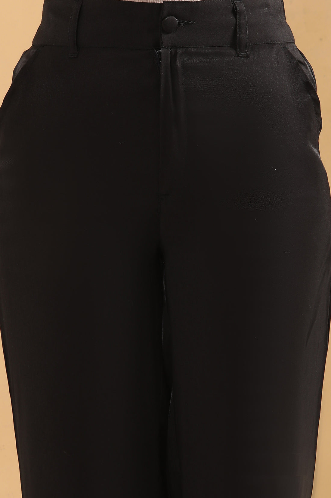 Black Solid Straight Fit Rayon Pants With Button And Zip Closure