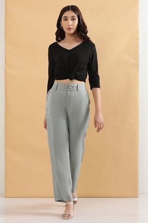 Grey Solid Straight Fit Woven Pants With Elasticated Back