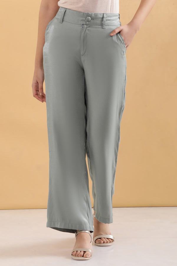 Grey Solid Straight Fit Woven Pants With Elasticated Back