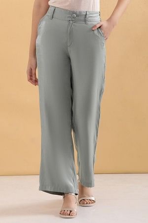 Grey Solid Straight Fit Woven Pants With Elasticated Back