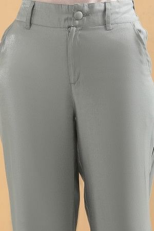 Grey Solid Straight Fit Woven Pants With Elasticated Back