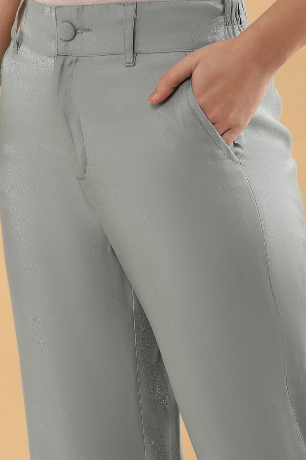 Grey Solid Straight Fit Woven Pants With Elasticated Back