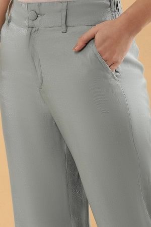 Grey Solid Straight Fit Woven Pants With Elasticated Back