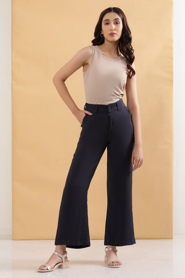 Elleven Women's Navy Blue Solid Straight-fit Woven Pants with Elasticated Back