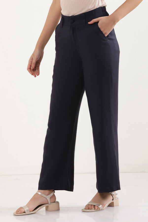 Elleven Women's Navy Blue Solid Straight-fit Woven Pants with Elasticated Back