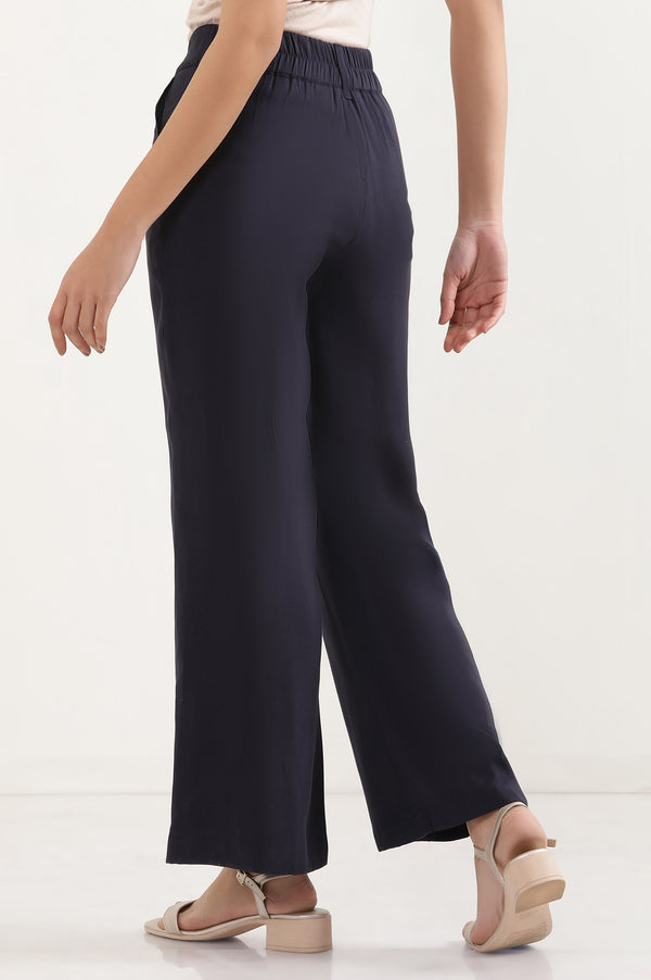 Elleven Women's Navy Blue Solid Straight-fit Woven Pants with Elasticated Back