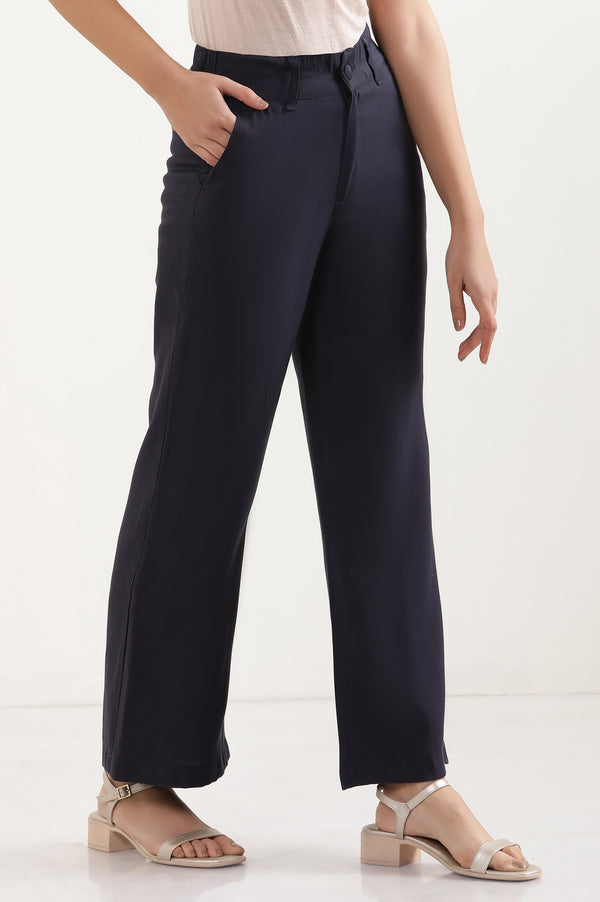 Elleven Women's Navy Blue Solid Straight-fit Woven Pants with Elasticated Back