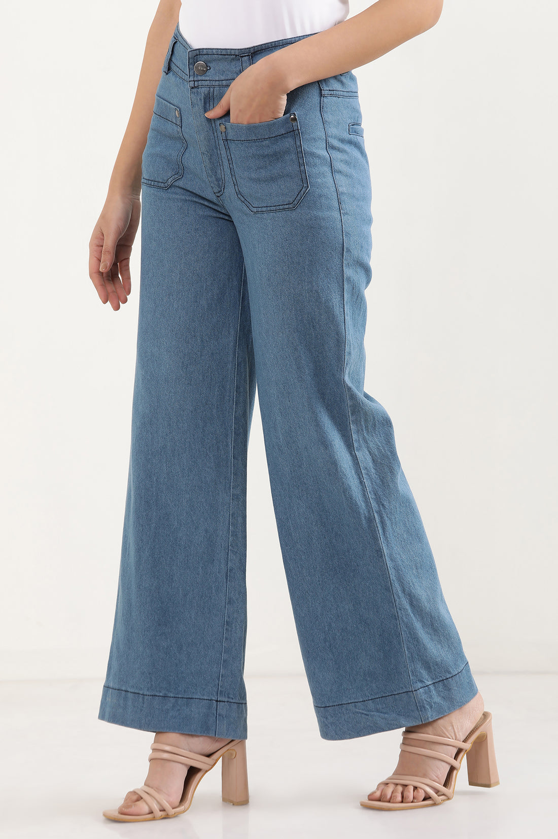Light Blue Solid Flared Denim Pants With Button Detail