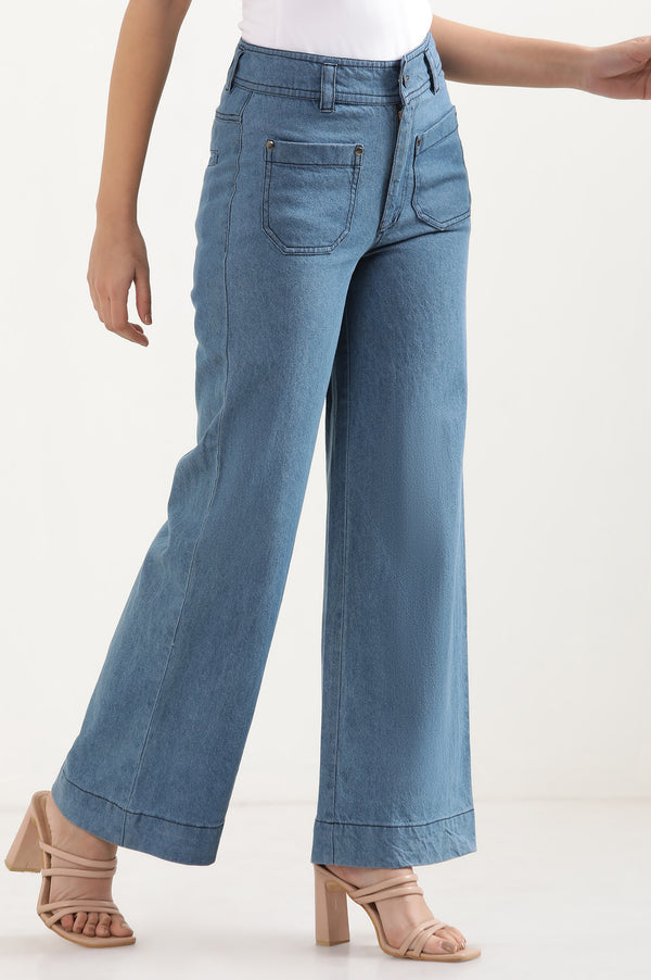 Light Blue Solid Flared Denim Pants With Button Detail