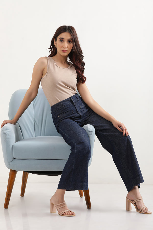 Elleven Women's Navy Blue Solid Flared Denim Pants with Button Detail