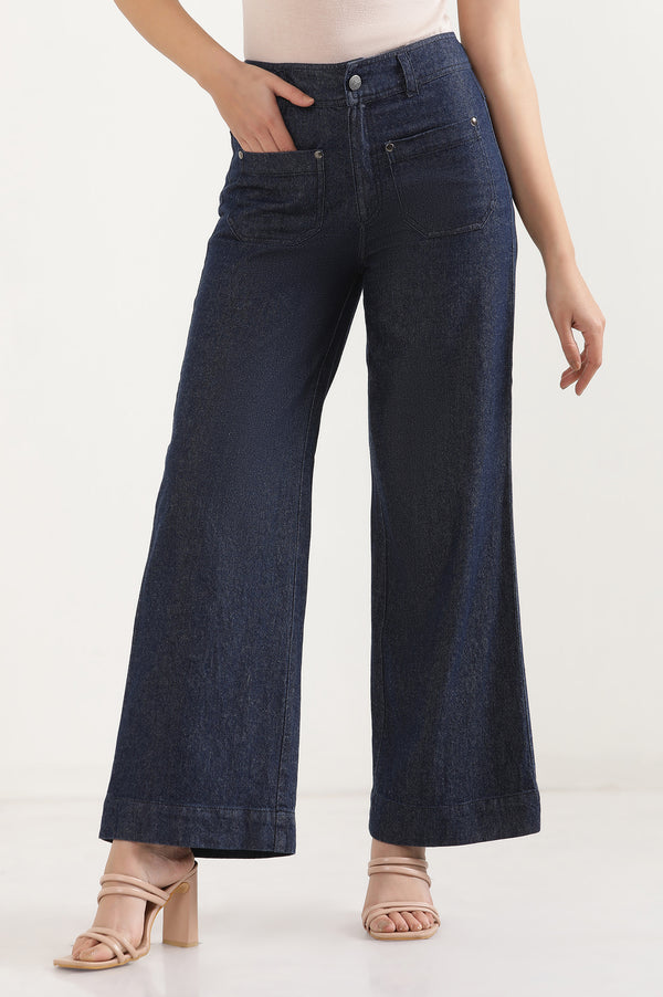 Elleven Women's Navy Blue Solid Flared Denim Pants with Button Detail
