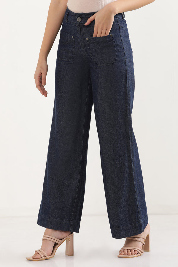 Elleven Women's Navy Blue Solid Flared Denim Pants with Button Detail