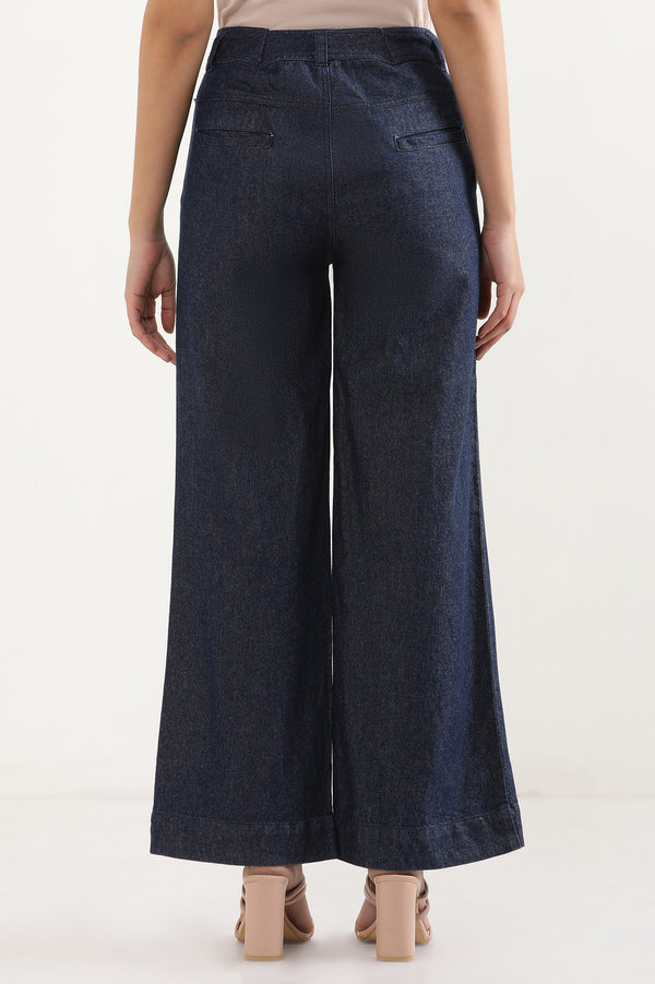 Elleven Women's Navy Blue Solid Flared Denim Pants with Button Detail