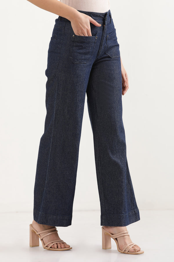 Elleven Women's Navy Blue Solid Flared Denim Pants with Button Detail