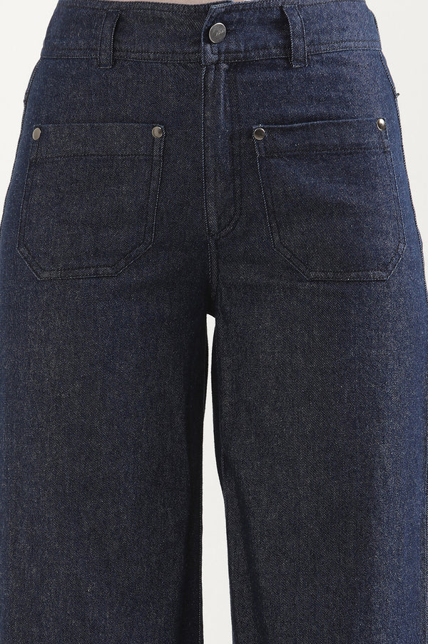 Elleven Women's Navy Blue Solid Flared Denim Pants with Button Detail