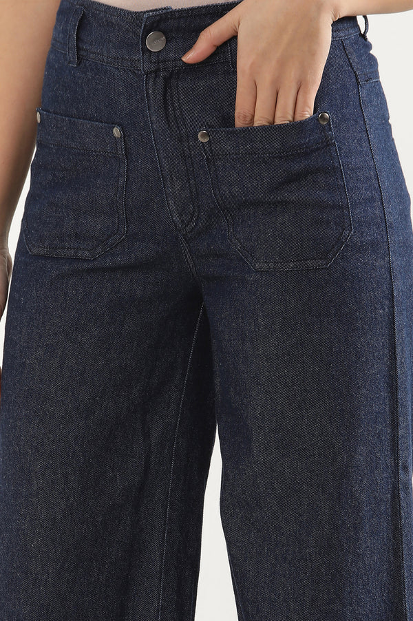 Elleven Women's Navy Blue Solid Flared Denim Pants with Button Detail