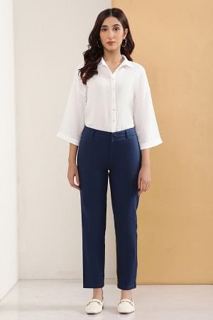 Blue Pintuck Straight Fit Slim Pants