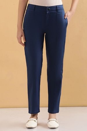 Blue Solid Straight Fit Cotton Pants With Pintuck Detail