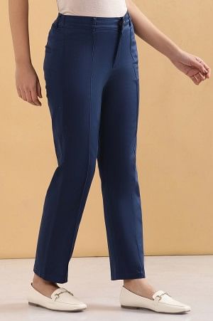 Blue Solid Straight Fit Cotton Pants With Pintuck Detail