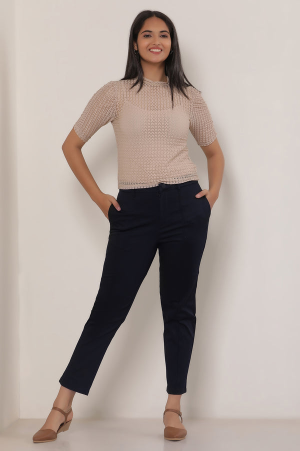 Black Solid Straight Fit Cotton Pants With Button And Zip Closure