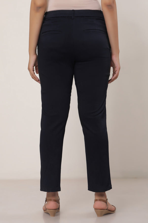 Black Solid Straight Fit Cotton Pants With Button And Zip Closure