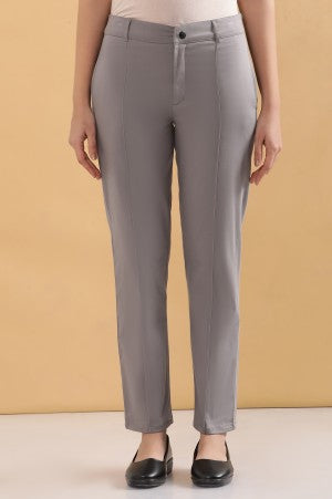 Grey Solid Straight Fit Cotton Pants With Pintuck Detail