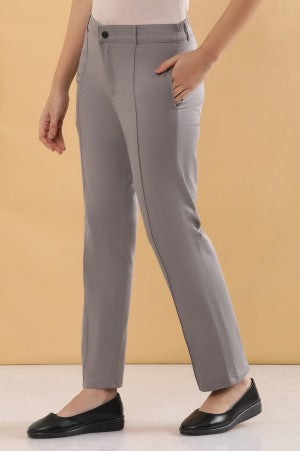Grey Solid Straight Fit Cotton Pants With Pintuck Detail