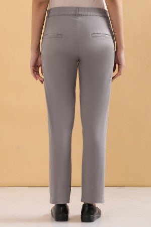 Grey Solid Straight Fit Cotton Pants With Pintuck Detail