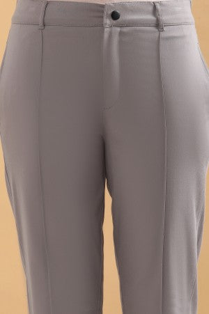 Grey Solid Straight Fit Cotton Pants With Pintuck Detail