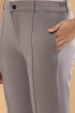 Grey Solid Straight Fit Cotton Pants With Pintuck Detail